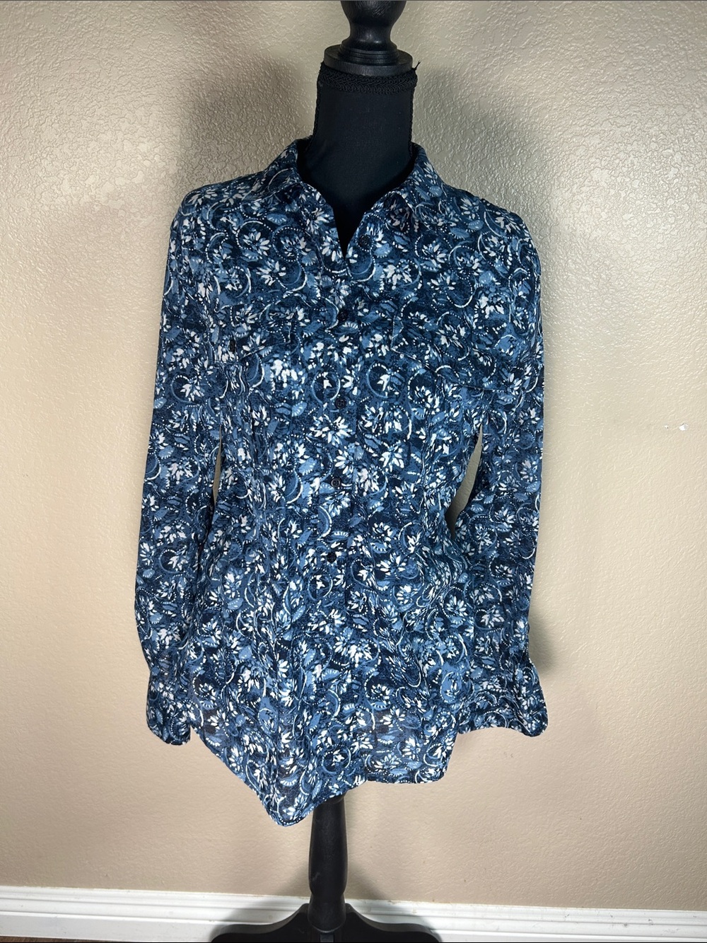 Lauren Ralph Lauren Black Label Blue Floral Button Front Shirt L